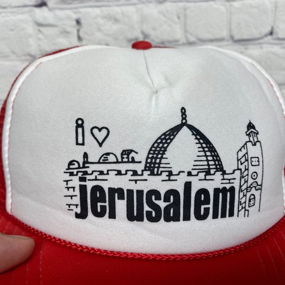 Vintage Trucker Hat Mesh Cap Snapback Red White I Love Jerusalem Graphic Print - Picture 6 of 9